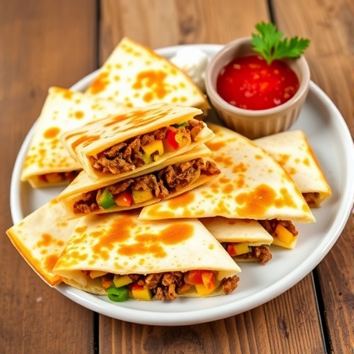 Savory Beef Quesadilla Recipe Plate of sliced beef quesadillas with melted cheese, served with salsa and sour cream on a wooden table.